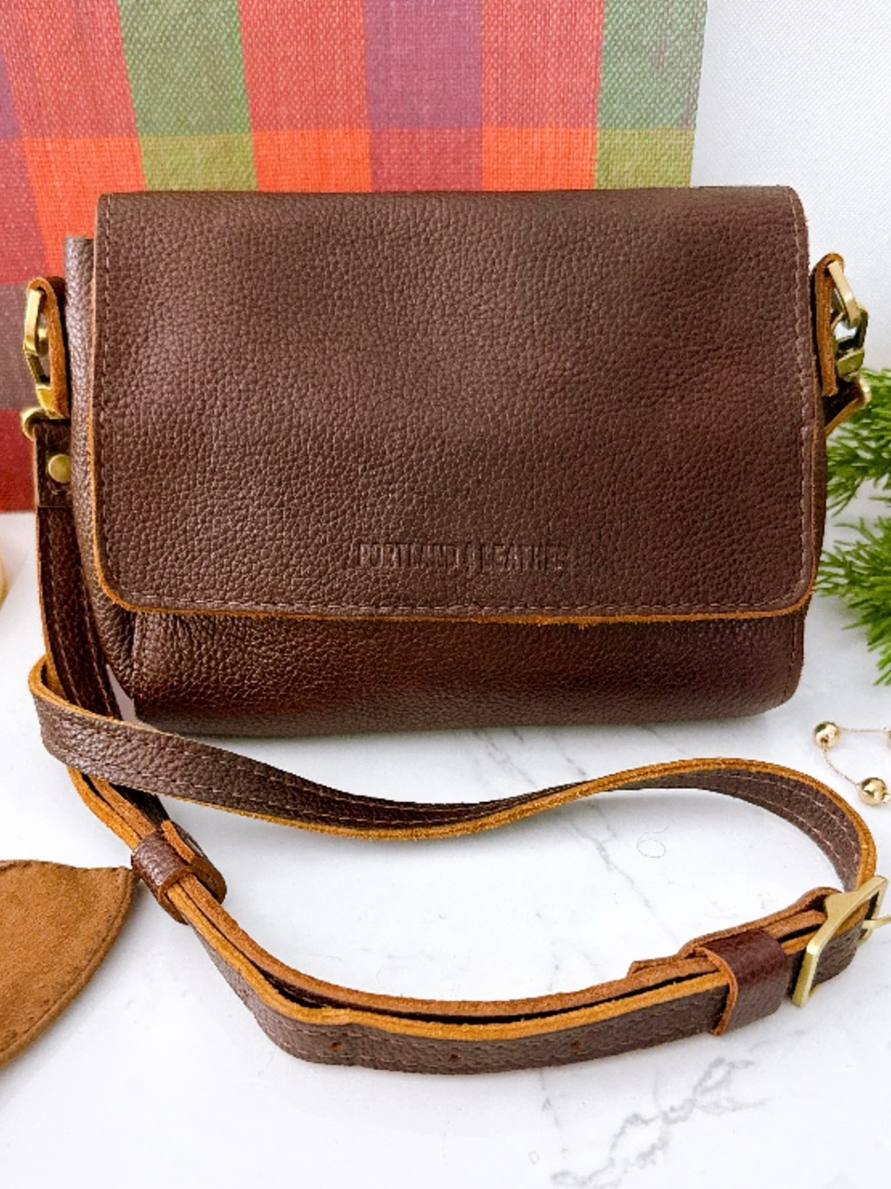 Portland Leather Mini Metro Crossbody Bag Flap Closure Brown Coldbrew Pebbled